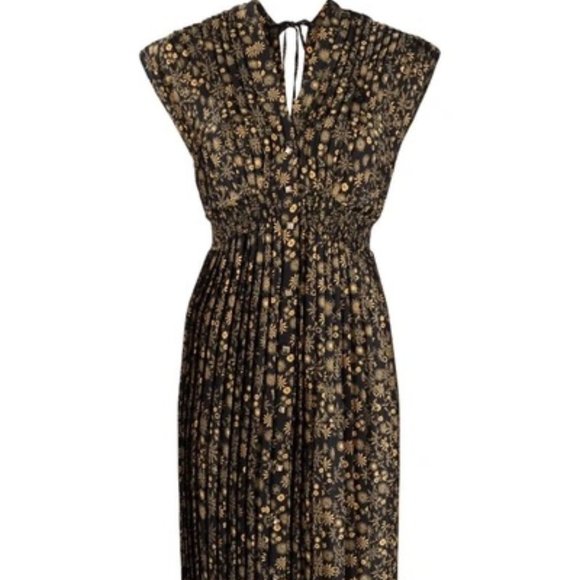 NWT Sandro Vienne Pleated Printed Satin-twill Midi Dress In Black (Size 34) - Picture 5 of 5